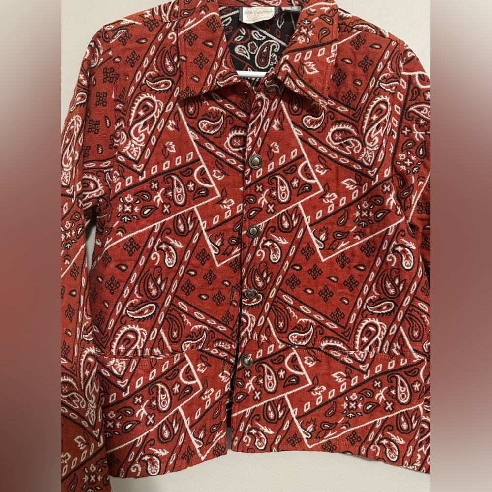 Rare Retro 90s Bandana Print Jacket Rust Red Western maximalist Rodeo small - Picture 3 of 13